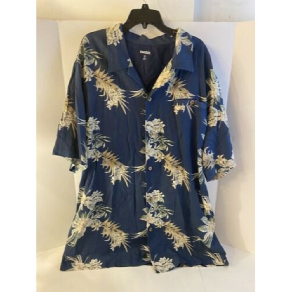 Men’s King Size 3XL Tall Big Linen/Rayon Blue‎ Hawaiian Style Shirt Wood Buttons
